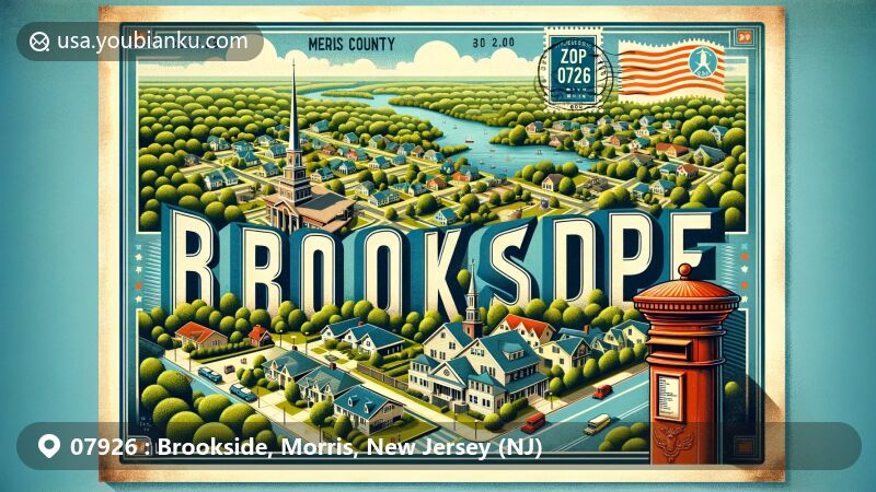 Modern illustration of Brookside, Morris County, New Jersey, showcasing postal theme with ZIP code 07926, featuring historic district, lush greenery, and classic American mailbox.
