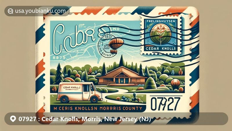 Modern illustration of Cedar Knolls, Morris County, New Jersey, capturing postal theme with ZIP code 07927, featuring Frelinghuysen Arboretum and historical elements.