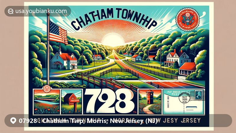 Modern illustration of Chatham Township, Morris County, New Jersey, highlighting scenic beauty and historic trail system with Shepard Kollock Trail and Stanley Park Trail, featuring New Jersey state flag and postal theme with ZIP code 07928.