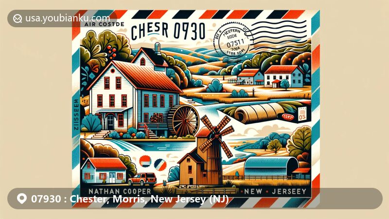 Modern illustration of Chester, Morris County, New Jersey, showcasing postal theme with ZIP code 07930, featuring Nathan Cooper Gristmill and Heistein's Farm in a vibrant and colorful style.