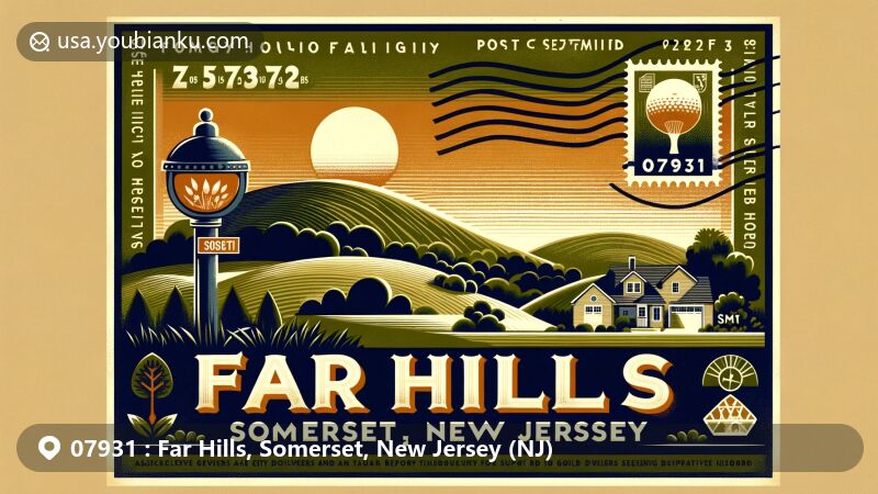 Modern illustration of Far Hills, Somerset County, New Jersey, featuring vintage airmail envelope with ZIP code 07931 and Moggy Hollow Natural Area stamp, highlighting rural landscape and subtle references to golf heritage.