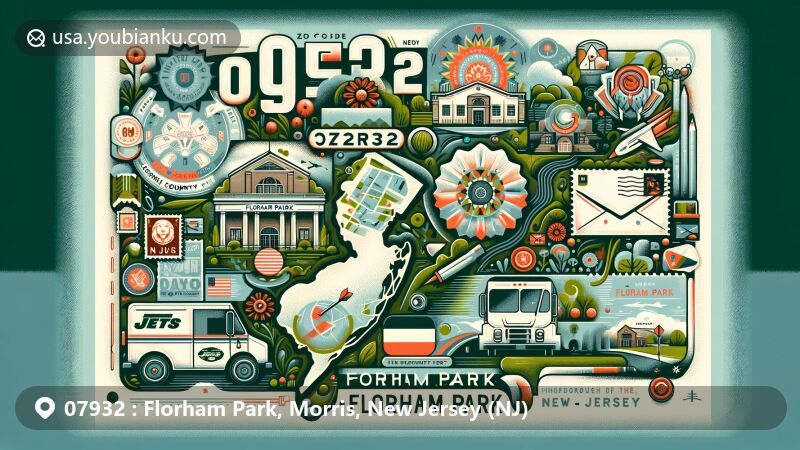 Modern illustration of Florham Park, Morris, New Jersey, featuring a postal theme with ZIP code 07932, showcasing landmarks like the New York Jets Training Center and incorporating vintage postal elements.
