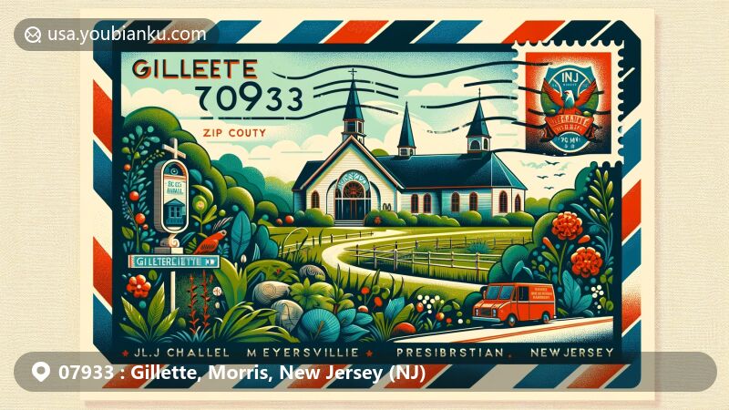 Modern illustration of Gillette, Morris County, New Jersey (NJ), featuring vintage air mail envelope with landmarks Gillette Chapel and Meyersville Presbyterian Church, postal elements, and New Jersey state flag, set against lush green landscape and classic red postal van.