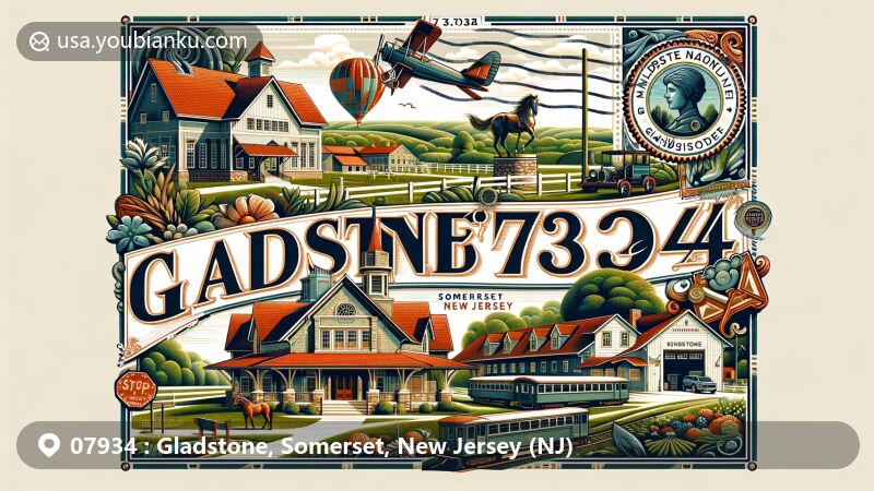 Modern illustration of Hamilton Farm and Gladstone Train Station in Gladstone, Somerset, New Jersey, featuring lush green landscapes, postal elements, and U.S. ZIP code 07934.