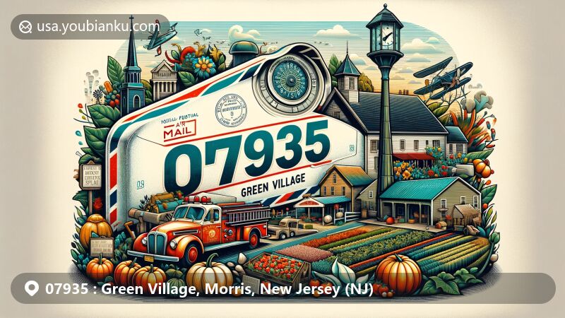 Modern illustration of Green Village, Morris County, New Jersey, showcasing postal theme with ZIP code 07935, featuring local landmarks and cultural elements like Green Village Fire Department, The Farm at Green Village, and Methodist Church.