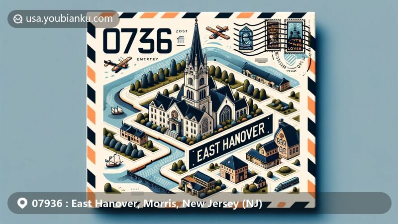 Creative depiction of East Hanover, Morris, New Jersey, as an airmail envelope showcasing Hanover Village Historic District, Cobblestone School, Passaic River, and Whippany River, with postal stamps symbolizing town's history and culture.
