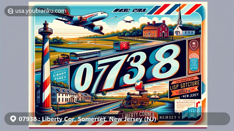 Modern illustration of Liberty Corner, Somerset County, New Jersey, showcasing postal theme with ZIP code 07938, featuring historical English Farm, iconic Liberty Pole, and USGA Golf Museum, representing area's rich heritage and cultural significance.