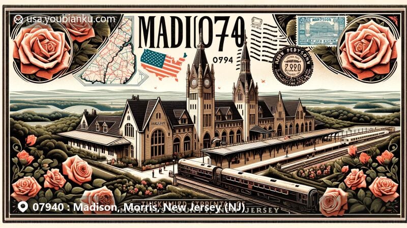 Modern illustration of Madison, Morris County, New Jersey, featuring historic train station and rose gardens, with a postal stamp displaying NJ state flag and ZIP code 07940.