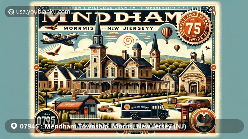 Vintage illustration of Mendham Township, Morris County, New Jersey, highlighting historic landmarks including Phoenix House, Black Horse Inn, and iconic churches, set against a backdrop of gentle hills and lush greenery, with postal symbols like stamps and a vintage postal truck.