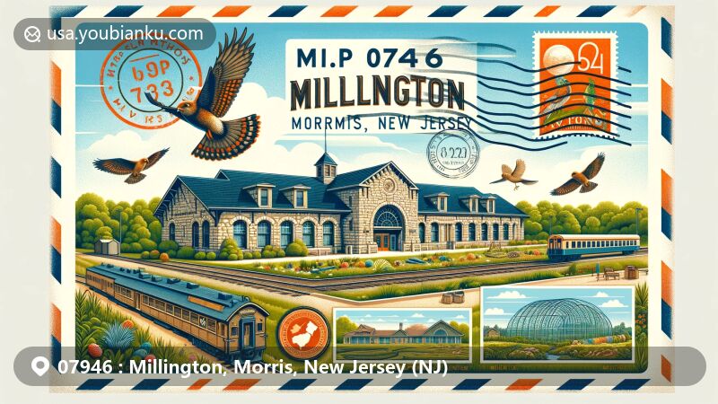 Modern illustration of Millington, Morris County, New Jersey, highlighting historic Millington Railroad Station, The Raptor Trust Center, and local cultural elements, with vintage postal theme and ZIP code 07946.