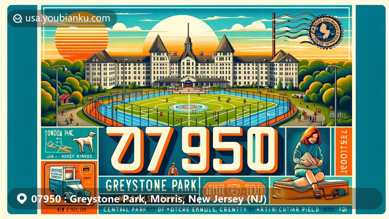 Modern illustration of Greystone Park, Morris County, New Jersey, featuring Central Park facilities like inline hockey rinks, dog park, and turf fields, showcasing vibrant community space. Historic Greystone Park Psychiatric Hospital depicted respectfully. Postal elements surrounding ZIP code 07950 include vintage stamp with NJ state flag, postmark, mailbox, and delivery vehicle.