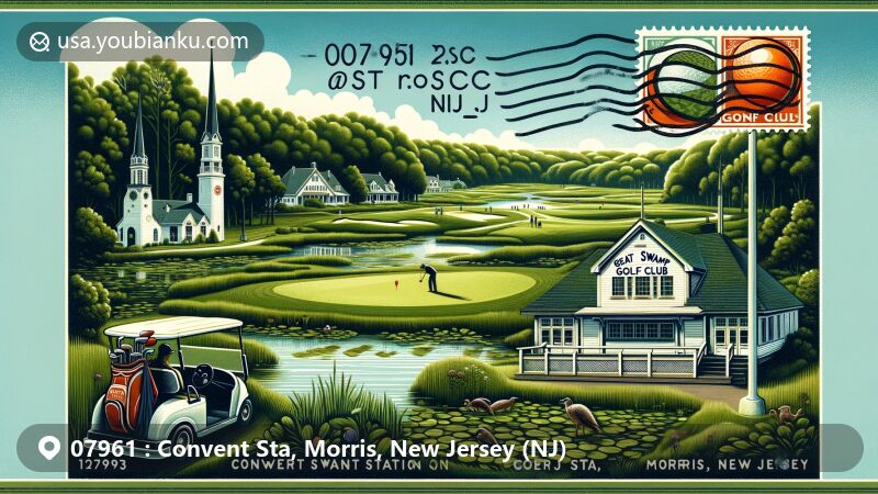 Modern illustration of Convent Station, Morris County, New Jersey, featuring Morris County Golf Club, Great Swamp National Wildlife Refuge, and Convent Station NJ Transit rail station with postal elements like airmail envelope and stamp.
