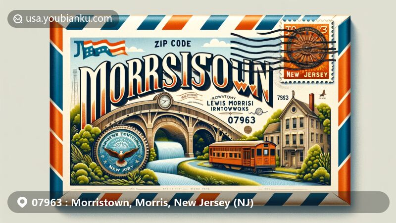 Vintage illustration of Morristown, Morris County, New Jersey, capturing postal theme with ZIP code 07963, showcasing Morristown National Historical Park, Speedwell Ironworks, Lewis Morris Park, and state flag.
