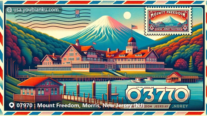 Modern illustration of Mount Freedom, Morris County, New Jersey, featuring the Jewish Center, Shongum Mountains, and Borscht Belt resorts, with postal theme including stamp, postmark 'Mount Freedom, NJ 07970', and airmail-style border.