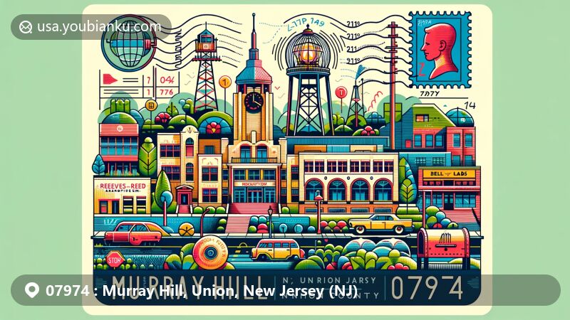 Modern illustration of Murray Hill, Union County, New Jersey, showcasing postal theme with ZIP code 07974, featuring Nokia Bell Labs and Murray Hill Square, highlighting local flora and fauna like Reeves-Reed Arboretum.