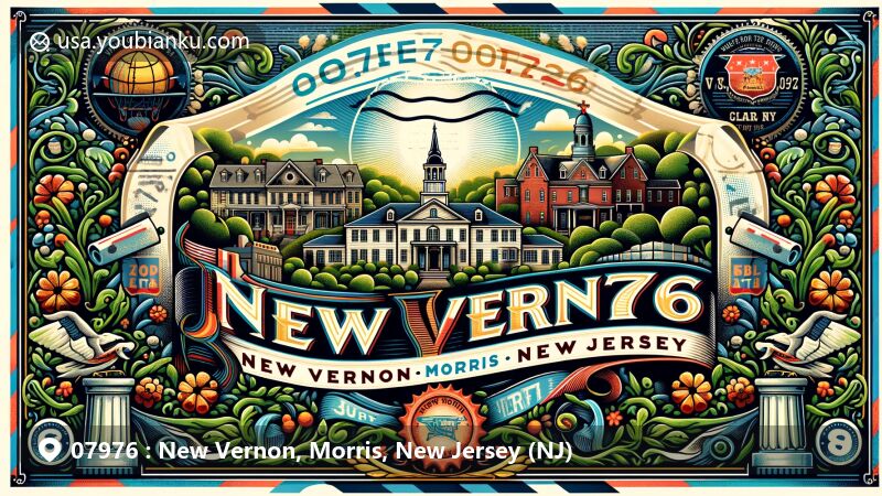 Modern illustration of New Vernon, Morris County, New Jersey, showcasing postal theme with ZIP code 07976, featuring New Vernon Historic District and Morris County natural beauty.
