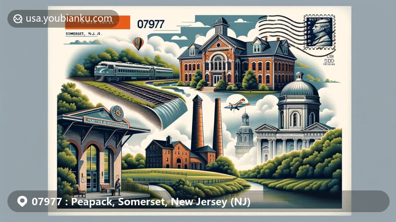 Illustration of Peapack, Somerset, New Jersey, showcasing ZIP code 07977, featuring Gladstone Train Station, Natirar Park, Moses Craig Lime Kilns, and Lyons Veterans Administration Hospital Historic District in a postcard-style design.