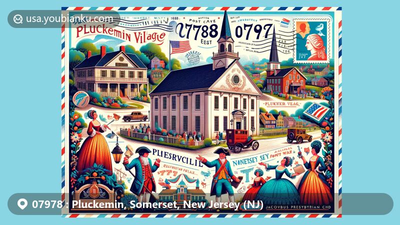 Vibrant illustration of Pluckemin, Somerset County, New Jersey (NJ), featuring historic landmarks like Pluckemin Presbyterian Church and Jacobus Vanderveer House, alongside a scene from the 1779 Grand Alliance Ball, all tied with modern postal elements for ZIP code '07978'.