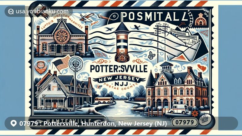 Modern illustration of Pottersville, New Jersey, showcasing postal theme with ZIP code 07979, featuring iconic Victorian architectural styles and Lamington River, incorporating historical landmarks and New Jersey state flag.