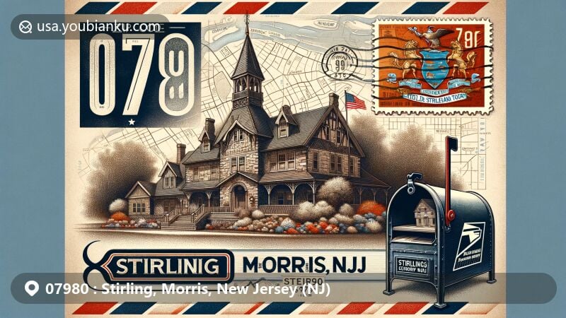 Modern illustration of Stirling, Morris County, New Jersey, showcasing a vintage-style airmail envelope with prominent ZIP Code 07980, featuring Lord Stirling Manor Site, New Jersey state flag, Morris County map silhouette, and a classic American mailbox.