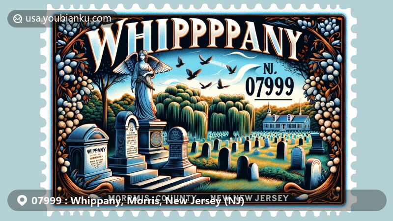 Modern illustration of Whippany Burying Yard, Morris County, New Jersey, showcasing postal theme with ZIP code 07999, featuring colonial era tombstones decorated with angels and willow trees, reflecting natural beauty of Morris County.