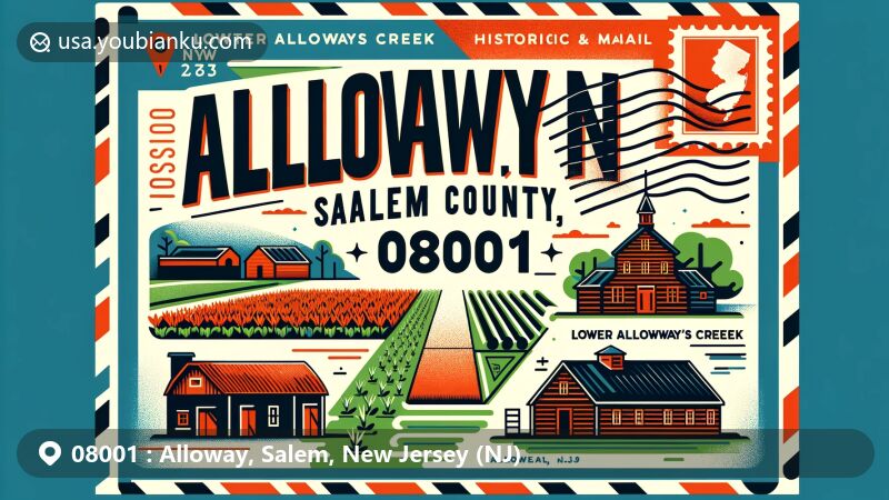 Modern illustration of Alloway, Salem County, New Jersey, showcasing rural farming community with green fields and historical landmarks. Postal theme with vintage stamps and mail elements, representing ZIP code 08001.