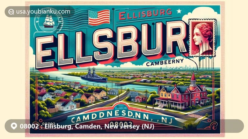 Vibrant illustration of Ellisburg, Camden, NJ 08002, showcasing modern postcard design with suburban landscape, historic landmarks like Battleship New Jersey and Walt Whitman House, and vintage postal elements.