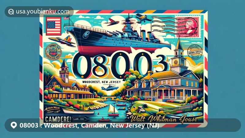 Modern illustration of Woodcrest area, Camden County, New Jersey, highlighting local landmarks like Battleship New Jersey and Walt Whitman House, as well as community spots Woodcrest Country Club and Swim Club, combined with postal elements and ZIP Code 08003.