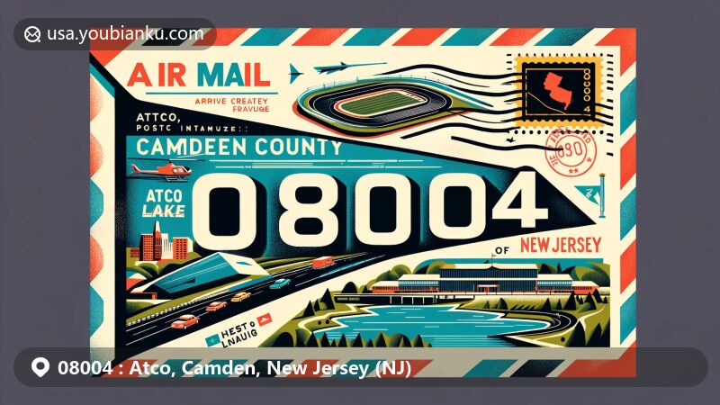 Modern illustration of Atco, Camden County, New Jersey, featuring postal theme with ZIP code 08004, showcasing Atco Raceway and Atco Lake, and incorporating elements of New Jersey state flag.