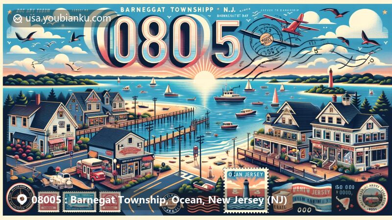 Modern illustration of Barnegat Township, Ocean County, New Jersey, showcasing iconic elements including Barnegat Bay, historic district, and postal theme with ZIP code 08005.