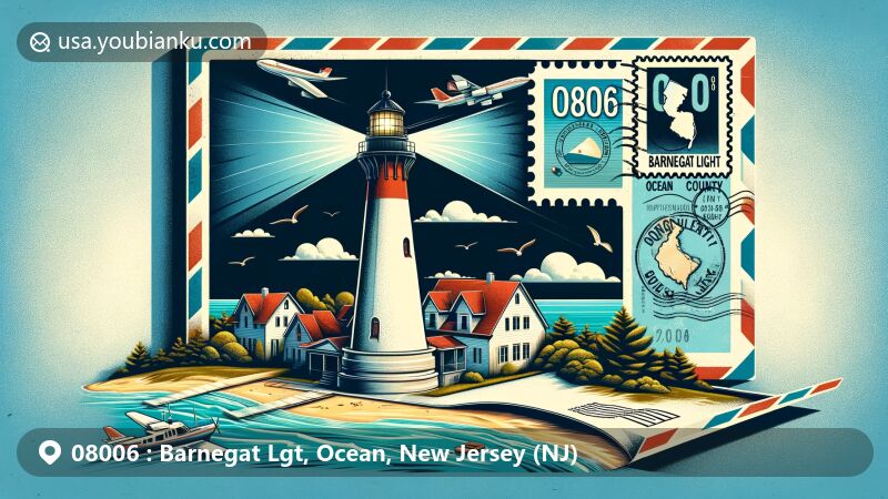 Modern illustration of Barnegat Light, Ocean County, New Jersey, showcasing iconic lighthouse 'Old Barney' on wide postal-themed background, capturing scenic coastal landscape and Atlantic Ocean beauty.