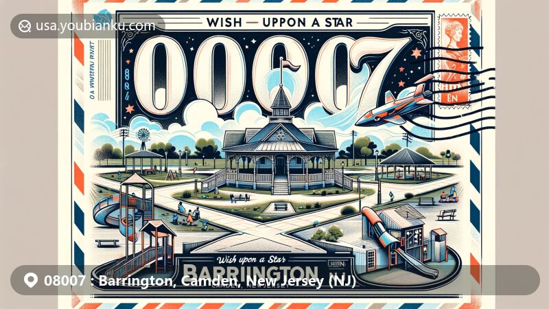 Modern illustration of Barrington, Camden County, New Jersey, featuring creative postcard design with Wish Upon a Star Park, showcasing inclusive playground and historical agricultural community, highlighted by bold ZIP code 08007 and New Jersey state symbols.