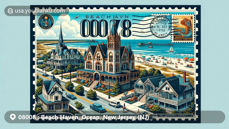 Modern illustration of Beach Haven, Ocean County, New Jersey, showcasing historic district with Queen Anne and Victorian Gothic architecture, featuring iconic Holy Innocents Episcopal Church and Long Beach Island's coastline.