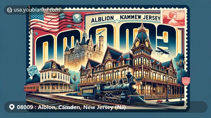 Modern illustration of Albion, Camden County, New Jersey, featuring postal theme with ZIP code 08009, highlighting Berlin Historic District with Victorian and Italianate architectural styles, including Berlin Hotel and Joel Bodine House, vintage railroad, and New Jersey state symbols.