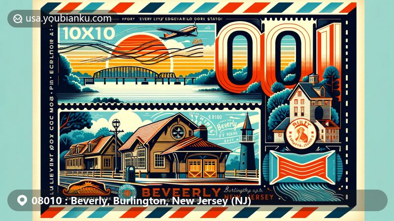 Modern illustration of Beverly and Burlington, New Jersey, showcasing ZIP code 08010 with bold numbers and historic railway station, Delaware River, and Quaker settlement, contrasted with modern postal elements like vintage stamps and airmail envelope edge.