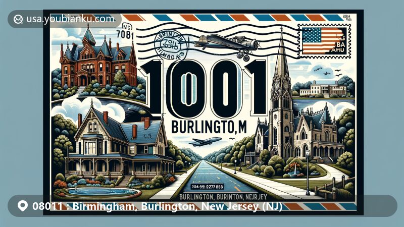 Modern illustration of Birmingham, Burlington County, New Jersey, showcasing historic district with Revell House and St. Mary's Episcopal Church, highlighting Gothic and Gothic Revival styles, featuring Smithville Park and Smithville Mansion, and depicting New Jersey state flag and ZIP code 08011 on a postal stamp.