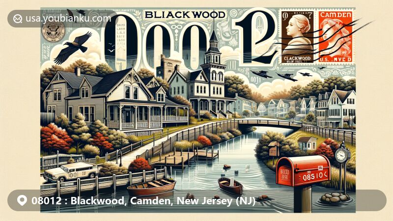 Modern illustration of Blackwood, Camden County, New Jersey, depicting historic district, Blackwood Lake, and postal theme with ZIP code 08012, featuring postcard, stamps, and classic mailbox.