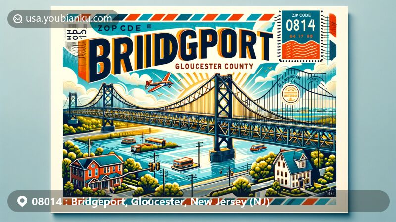 Modern illustration of Bridgeport, Gloucester County, New Jersey, featuring the iconic Commodore Barry Bridge spanning the Delaware River, surrounded by quaint town scenes, local flora, and residential area, with postal theme and ZIP code 08014 prominently displayed.
