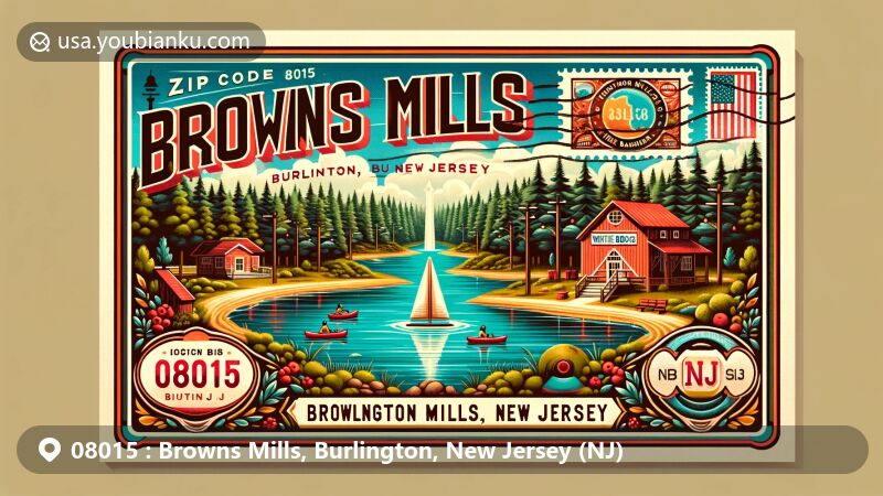Modern illustration of Browns Mills, Burlington County, New Jersey, featuring picturesque Mirror Lake known for recreational activities, lush Pine Barrens forests, and iconic Whitesbog Village, birthplace of highbush blueberries.