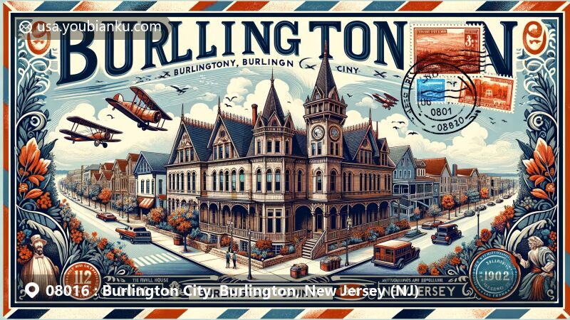 Modern illustration of Burlington City, Burlington, New Jersey, depicting vintage airmail envelope with ZIP code 08016, showcasing Burlington Historic District, Revell House, Delaware River, High Street shopping area, and rich historical connections.