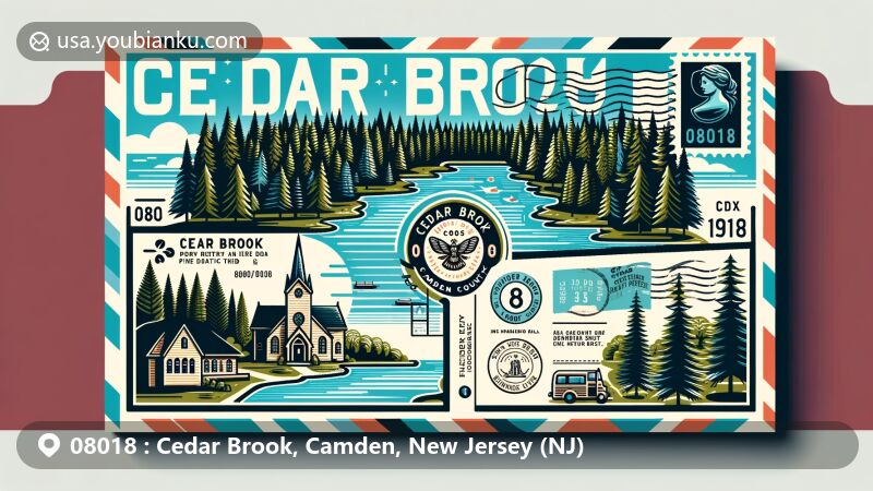 Modern illustration of Cedar Brook, Camden County, New Jersey, featuring Hobb Lake, St Lucy's Roman Catholic Church, and dense pine forests, symbolizing community spirit and natural beauty, with postal elements like ZIP code 08018 and postmark.