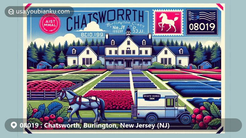 Vintage-style illustration of Chatsworth, Burlington County, New Jersey, capturing White Horse Inn, Pinelands, cranberry bogs, and postal elements for ZIP code 08019.