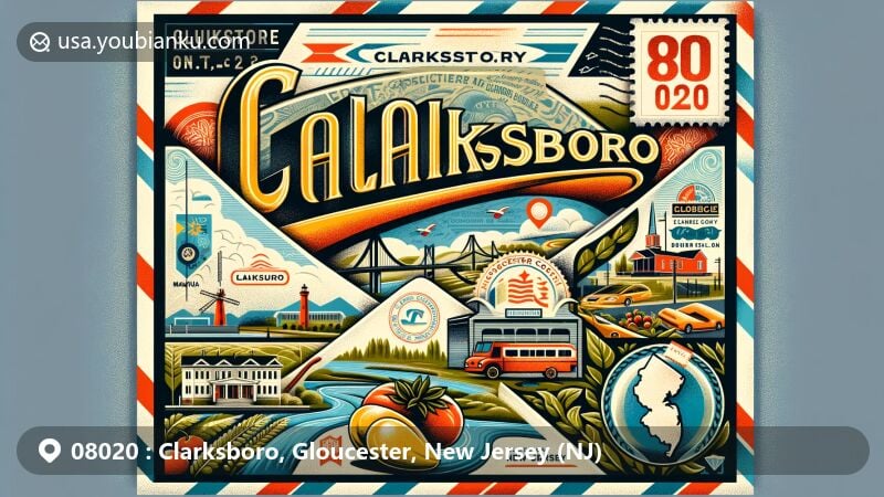 Modern illustration of Clarksboro, Gloucester County, New Jersey, featuring vintage airmail envelope with ZIP code 08020, showcasing local landmarks, waterways, and agricultural heritage.