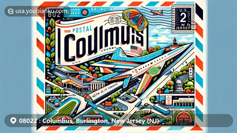 Vibrant illustration of Columbus, Burlington County, New Jersey, showcasing iconic airmail envelope with ZIP code 08022, featuring Farmers Market, County Route 543, U.S. Route 206 junction, and New Jersey state flag stamp.