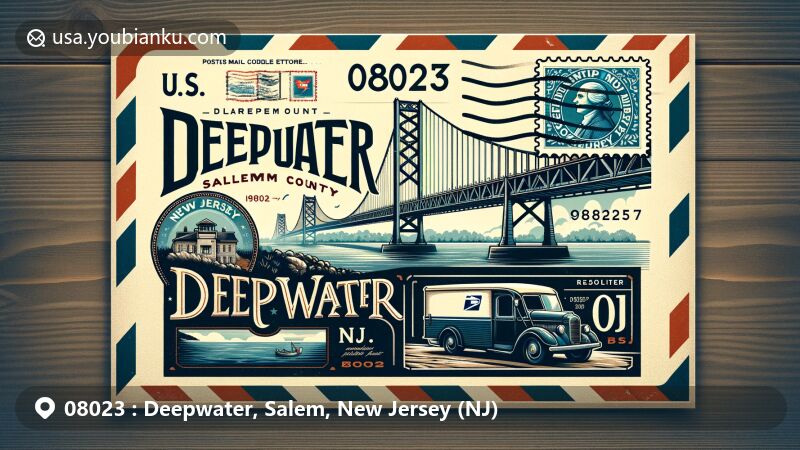 Modern illustration of Deepwater, Salem County, New Jersey, inspired by air mail envelope, featuring Delaware Memorial Bridge, Salem County outline, New Jersey state flag, vintage postage stamp, '08023' and 'Deepwater, NJ' postmark, old postal truck.