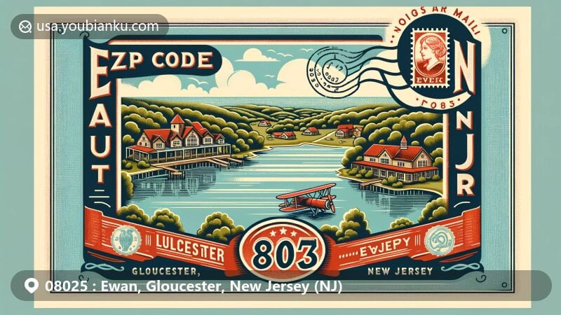 Modern illustration of Ewan, Gloucester County, New Jersey, featuring Ewan Lake in a picturesque natural setting with a stylized postal theme showcasing vintage air mail elements and ZIP code 08025.