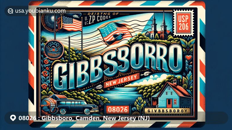 Modern illustration of Gibbsboro, Camden County, New Jersey, showcasing postal theme with ZIP code 08026, featuring state flag and town scenery, including possible symbols of Silver Lake or local history.