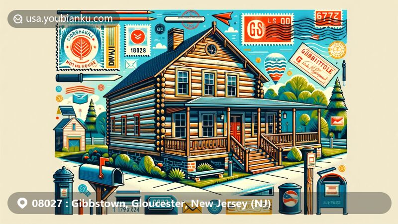 Modern illustration of C.A. Nothnagle Log House in Gibbstown, Gloucester County, New Jersey, featuring postal theme with ZIP code 08027, showcasing historic log house in vivid colors.
