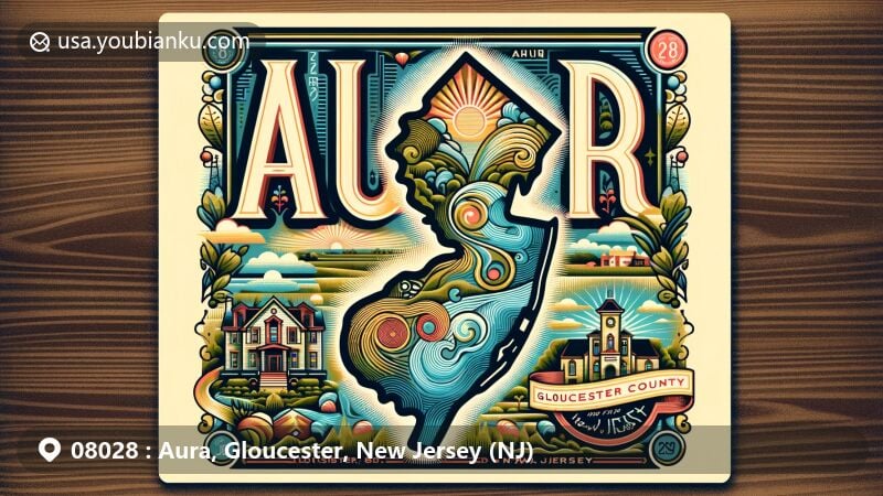 Modern illustration of Aura, Gloucester County, New Jersey (NJ) with postal theme showcasing ZIP code 08028, featuring local landmarks and New Jersey state symbols.