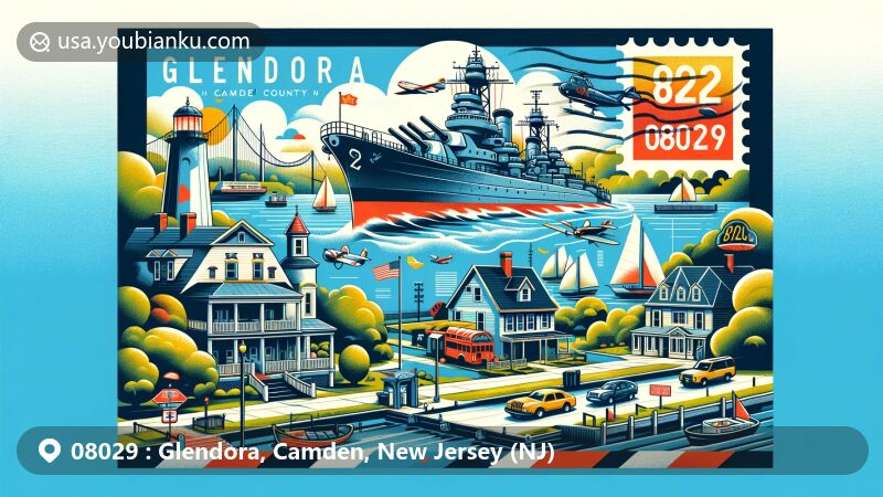 现代插画呈现新泽西州卡姆登县格伦多拉，展示了邮政主题元素，包括邮戳、邮票和标志性的邮政编码08029，突出了新泽西战舰和沃尔特·惠特曼之家。